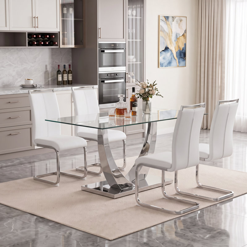 Modern Faux Leather Cantilever Dining Chairs with Chrome Base (Set of 4), White, Silver, 4
