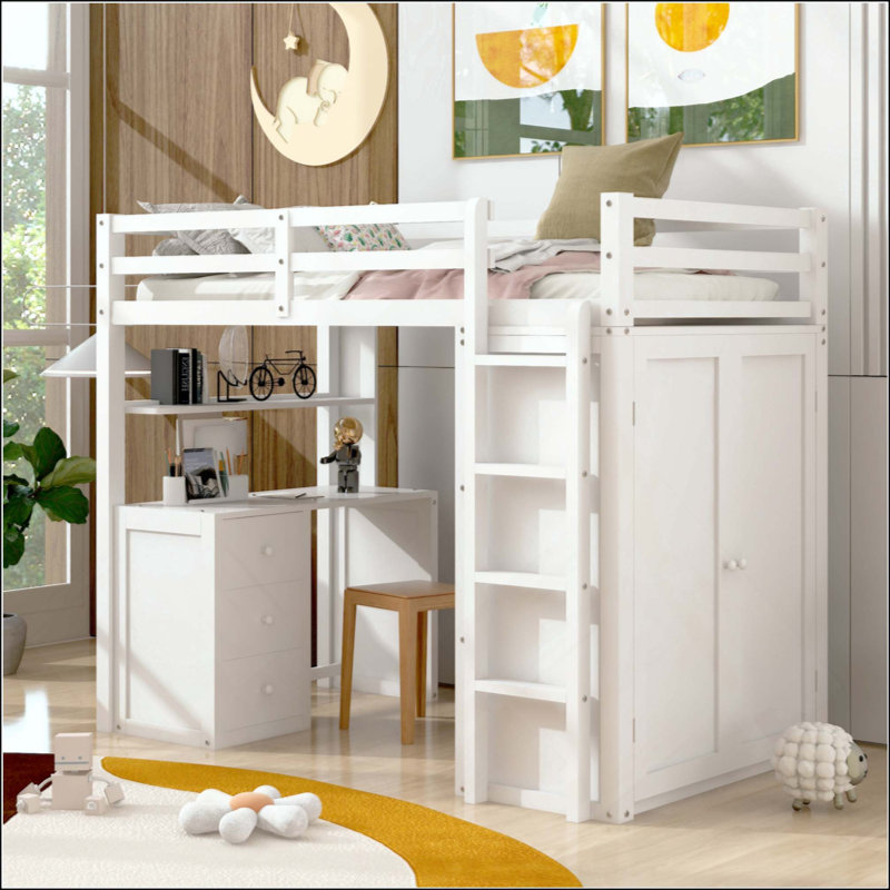 Lit mezzanine avec tiroirs, bureau et garde-robe, White