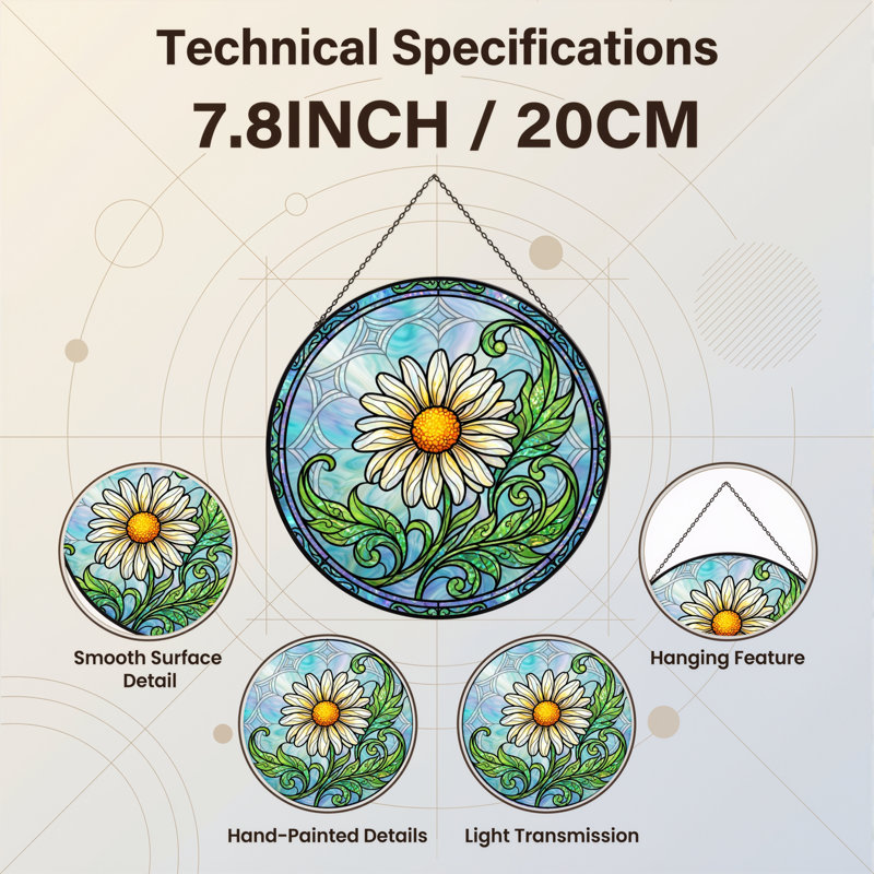 7.8"H Daisy Floral Stained Glass Window Panel, 7.8" H x 7.8" W