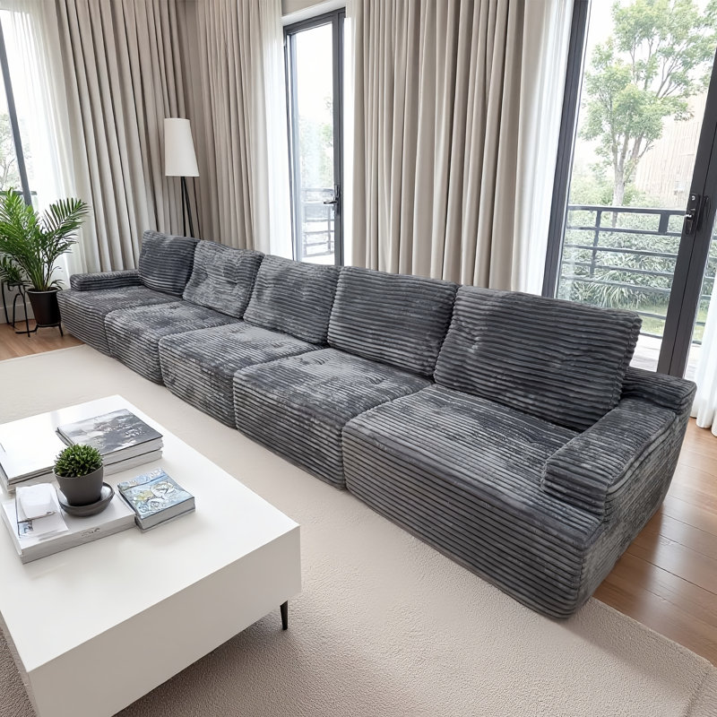 Boneless Simple Gray Corduroy Five-Seater Sectional Compressed Sofa