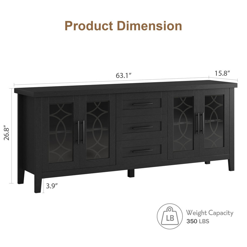 Farmhouse TV Stand with Glass Door for 65-70 Inch TV, Entertainment Center, Mid Century Television Stands with 2 Storage Door and 3 Drawer, Console Table with Shelves for Living Room (Black)