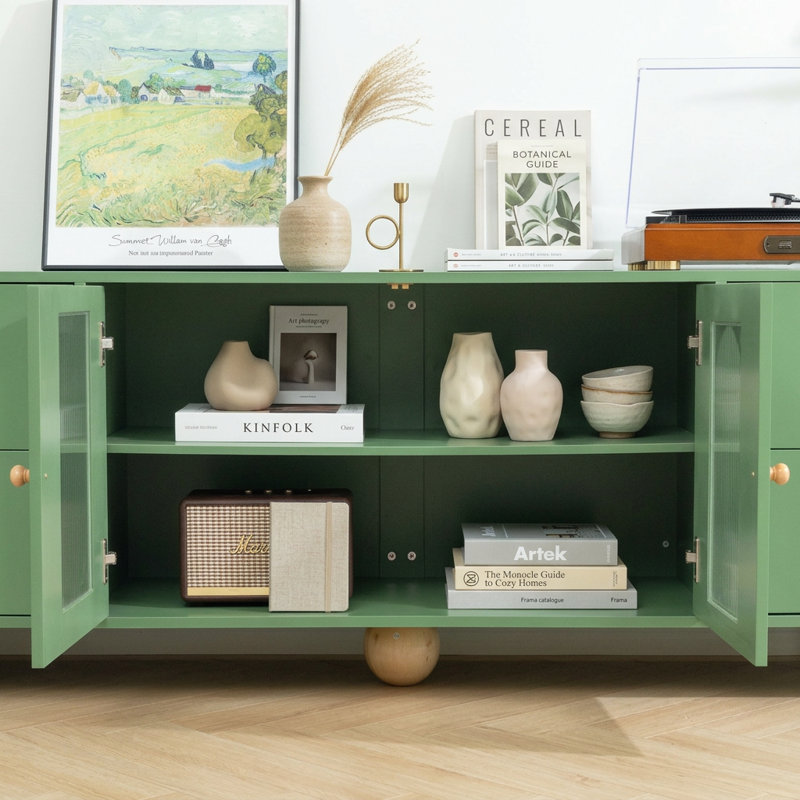 70.9" Modern Green TV Stand with Storage, Arched Glass Doors & Drawers, Multi-Use Sideboard Buffet Cabinet, Oak/Green