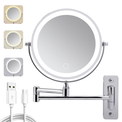 Miroir de maquillage mural lumineux, miroir grossissant 1X / 10X double face rechargeable avec lumière, 3 lumières de couleur, à intensité variable tactile, miroir de maquillage mural à rotation prolongée sur 360 degrés
