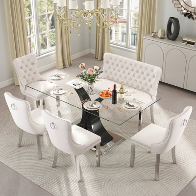 Ensemble de table de salle à manger moderne en verre pour 4/6 personnes, table de cuisine rectangulaire avec chaises en velours, ensemble de mobilier de salle à manger contemporain avec chaise capitonnée et banc