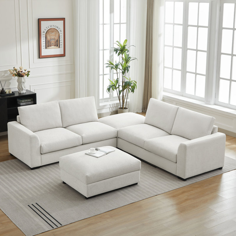 6-piece Wide Arm Multi-shape Upholstered Modular Sofa Cloud couch with Double Reversible Storage Ottoman, White Linen