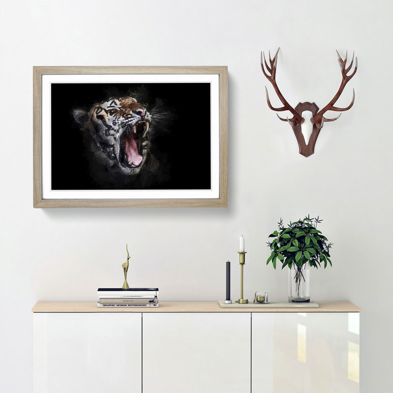 A Yawning Tiger - Framed Print, 33cm H x 45cm W x 2cm D, Oak Framed