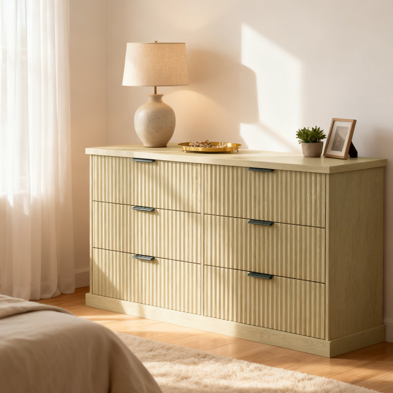 6-drawer Double Dresser For Bedroom, 54.2" Wide Chest Of Drawers With Fluted Panels, Transitional Storage Dresser, Beige