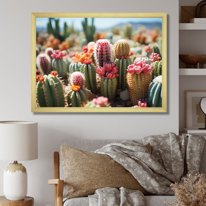 Cactus vert et rose I - décoration murale florale, H 34 po x l 44 po x P 1,5 po, Cadre flottant blanc