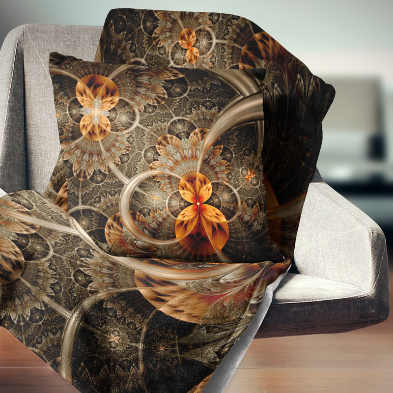 Fleur symétrique orange foncé - coussin imprimé abstrait, 18 po x 18 po, Coussin décoratif