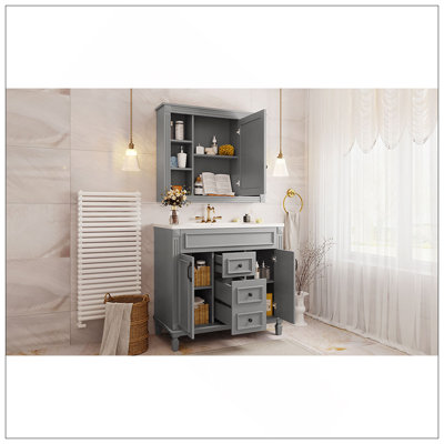 High-Quality 36'' Bathroom Vanity With Top Sink, Mirror Cabinet, Modern Bathroom Storage Cabinet With 2 Soft Closing Doors And 2 Drawers, Single Sink Bathroom Vanity