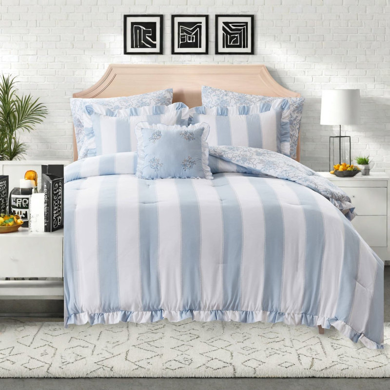 Ensemble de literie bleu pour lit double et queen, couette à volants en microfibre, chambre à coucher à motif floral en toile