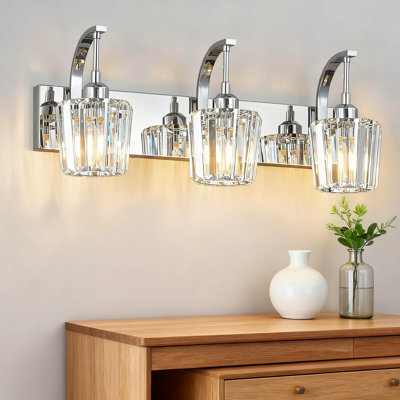 Modern 3-Light Bathroom Vanity Light With Crystal Accents, Dimmable Chrome Wall Sconce For Makeup And Over Mirror Installation, Easy Mounting 23.62 Inch Fixture