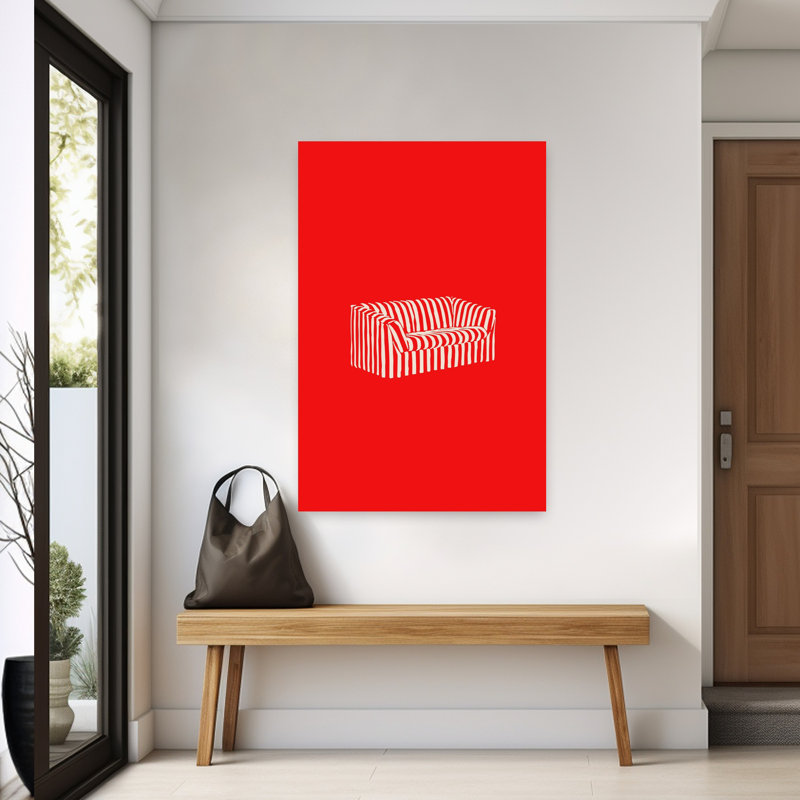 Greywork. Canapé rayé en studio rouge Bg audacieux, art mural contemporain, H 60 po x l 40 po