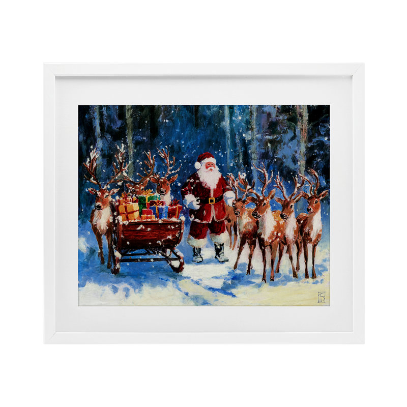 Père Noël renne et traîneau imprimé sous verre, design par Sara Culpepper, H 17 po x l 21 po, Cadre blanc côtier