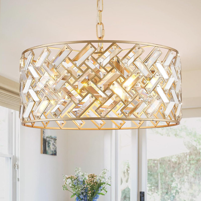 Plafonnier semi-encastré moderne avec lustre en cristal doré avec chaîne réglable pour salle à manger, salon, chambre à coucher, vestibule