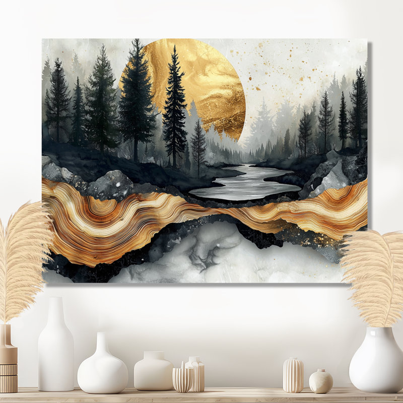 Forêt de pins, paysage sur pierre, horizon III - forêt, impression murale sur métal, H 34 po x l 44 po