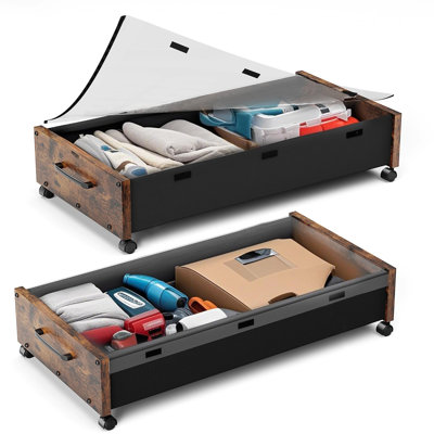 Under Bed Storage with Wheels,Storage Containers Extra Large Underbed Shoes Organizer, Rolling Under Bed Storage Drawers with Clear Lid(Vintage Wood/2 Packs)