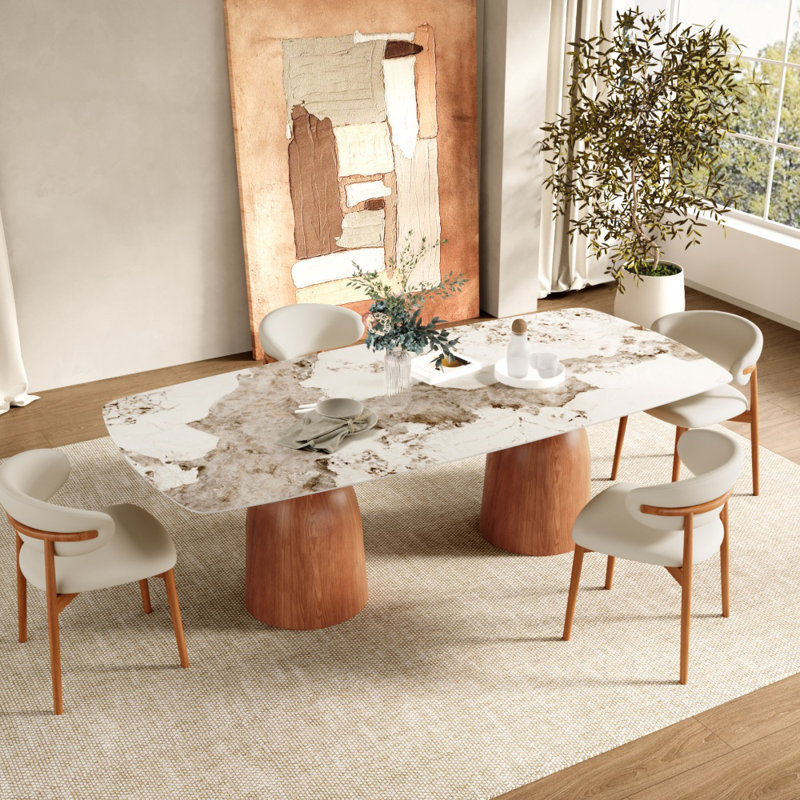 86.6/93.7 Farmhouse Double-Pedestal Dining Set With Rounded Rectangular Table & Upholstered Chairs, 9 Pieces: Table, 8 Chairs