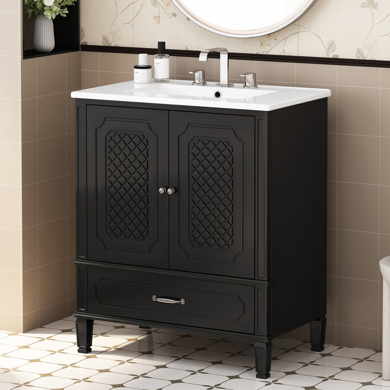 Meuble-lavabo simple 30 po avec comptoir en céramique, Noir, noir, noir, noir