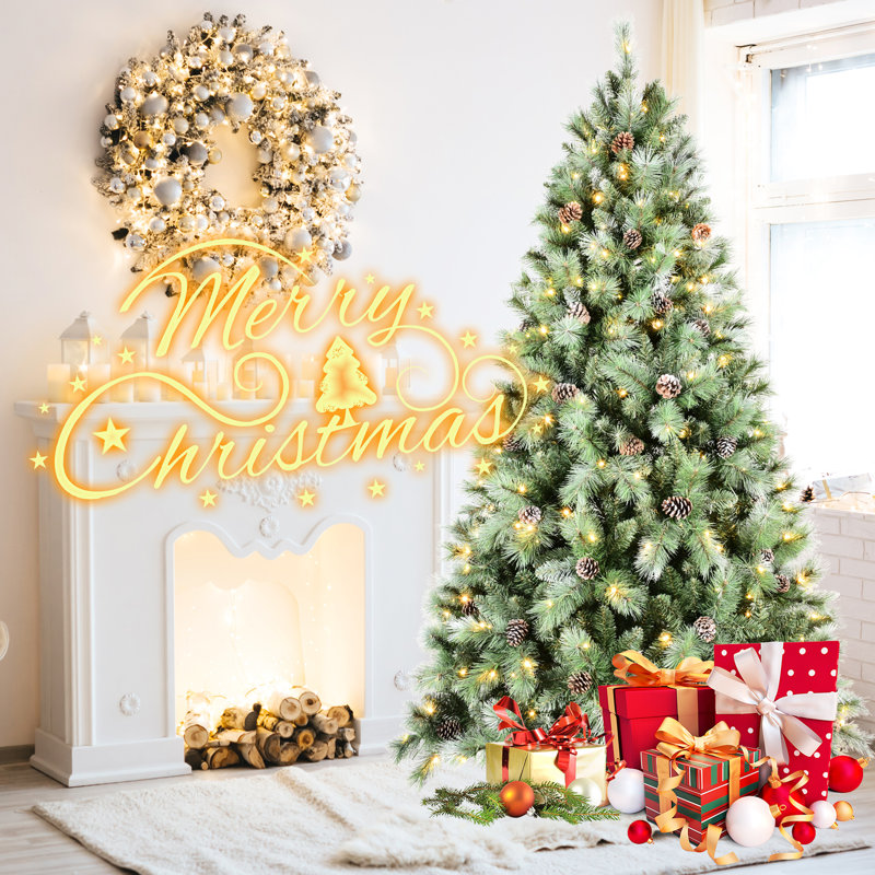Arbre de Noël 9 pi avec 700 lumières à DEL blanc chaud pré-enfilées, 2518 pointes, 122 branches de pin et base en métal à charnière pratique