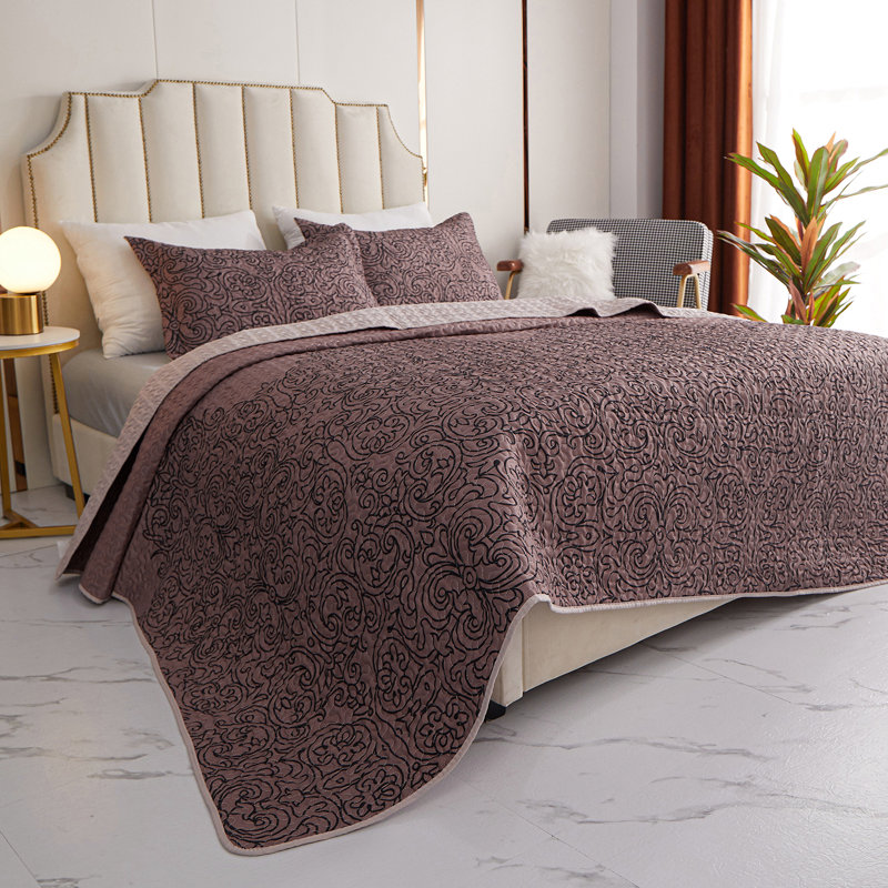 Ensemble de couvre-lit en microfibre 3 pièces , Couvre-lit très grand / couvre-lit + 2 taies déc, Café