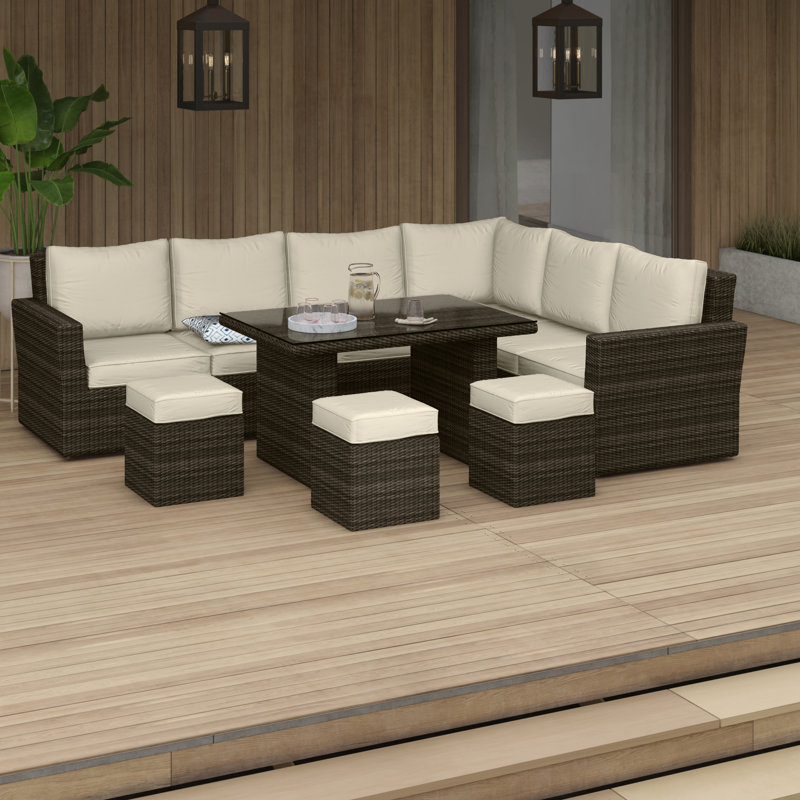 Dengler 9 - Person Modular Patio Conversation Set with Cushions, Brown Frame/Beige Cushion