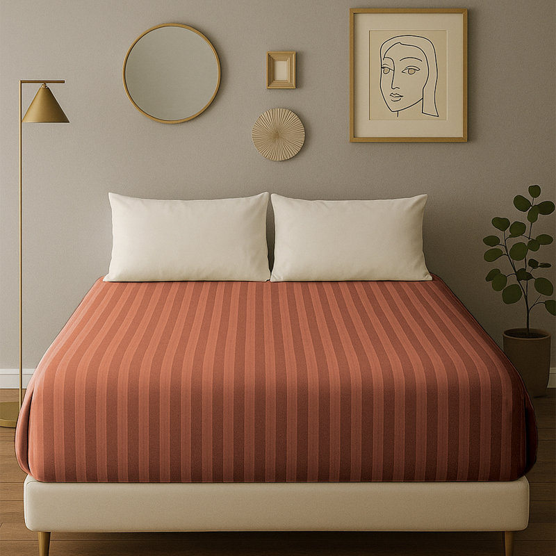 40cm Deep Pocket Microfiber Stripe Fitted Sheet, Rust, Double (4'6)