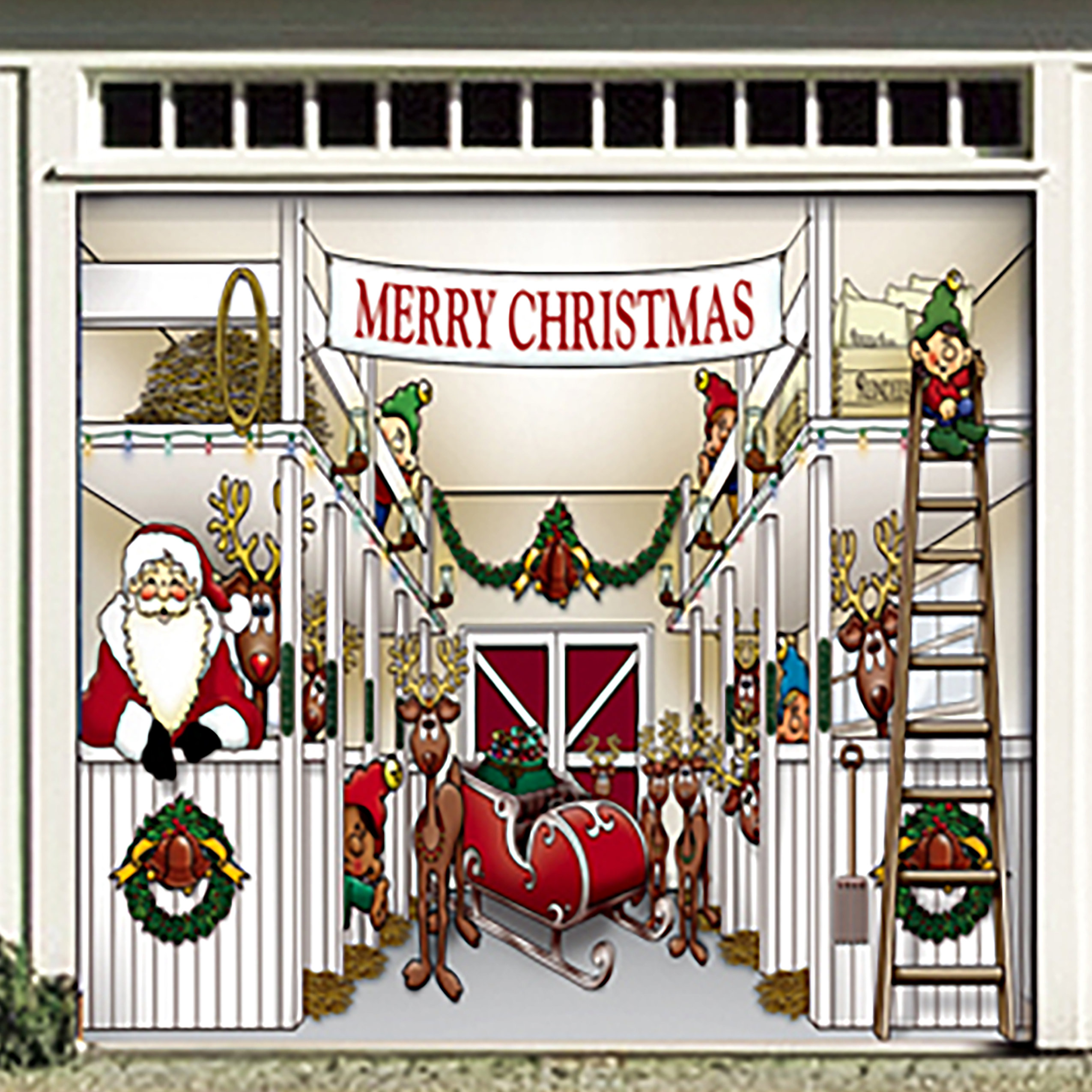 The Holiday Aisle® Huge Santa's Reindeer Barn Garage Door Mural ...