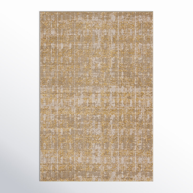 Geometric Machine Woven Polypropylene/Polyester Area Rug in Gold/Taupe, Rectangle 5' x 7'6"