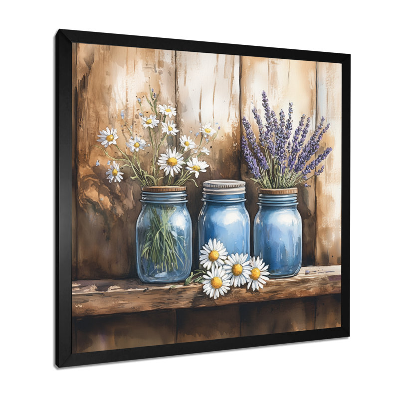 Nature morte II : bocaux Mason violets et blancs et fleurs sauvages - Tableau encadré représentant une grange