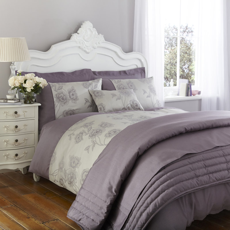 Entiat Floral Duvet Cover with Pillowcases, Single Duvet Cover , Slate Grey / Light Plum