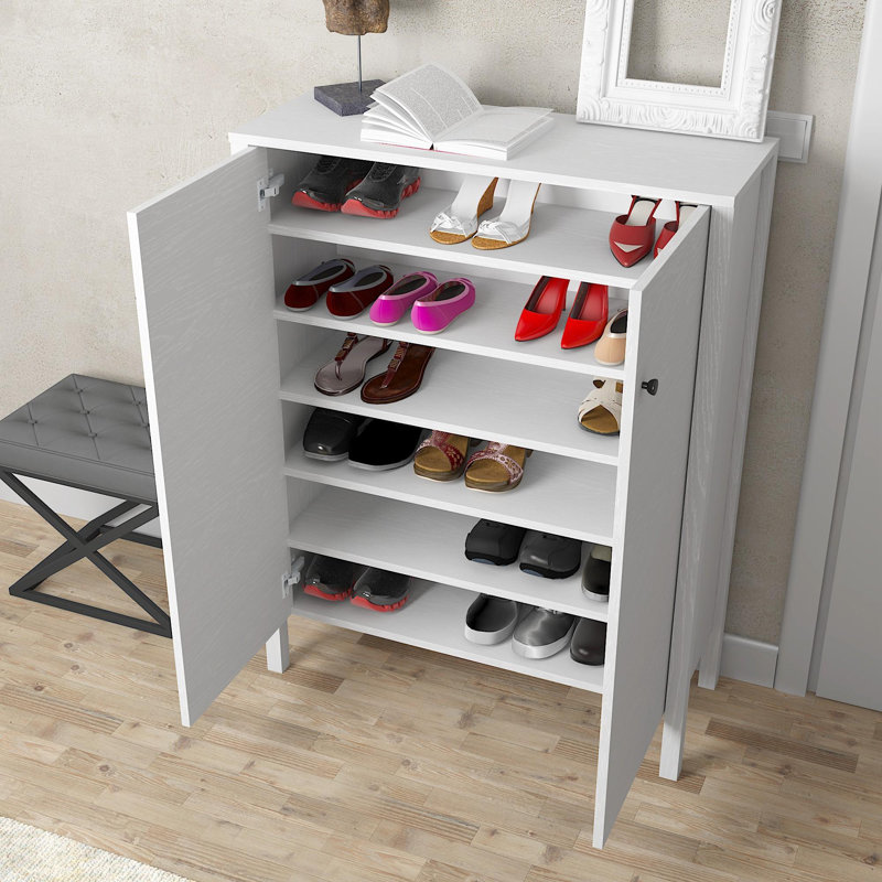 Modern Shoe Cabinet with Metal Handle, 35.4 x 46.5 x 13.8 inches | 100% Chipboard & MDF Frame, 0.71-inch Thickness | Wall-Mountable with Numerous Shelves, Stylish White & Wood Design for Home Organization