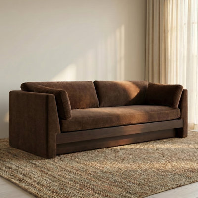 Geneva 99" Chenille Fabric Sofa with Walnut-Finished Solid Wood Base