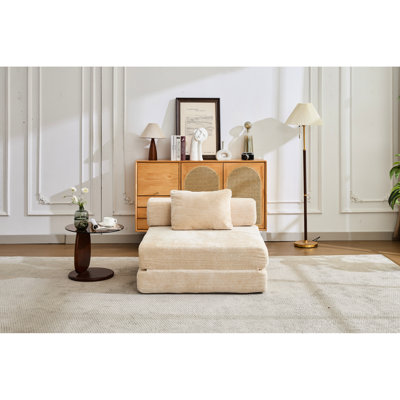 Beige Chenille Single Seater Compression Convertible Bed , No Assembly, Boneless Modular, Fixed - Shape Frame For Bedroom Floor Seater, Compression, Boneless, Small Apartment