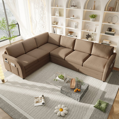 5-Person Oversized Convertible King Sleeper, Reversible Modular Sectional , Teddy Fabric, With Storage Pockets & USB Charging