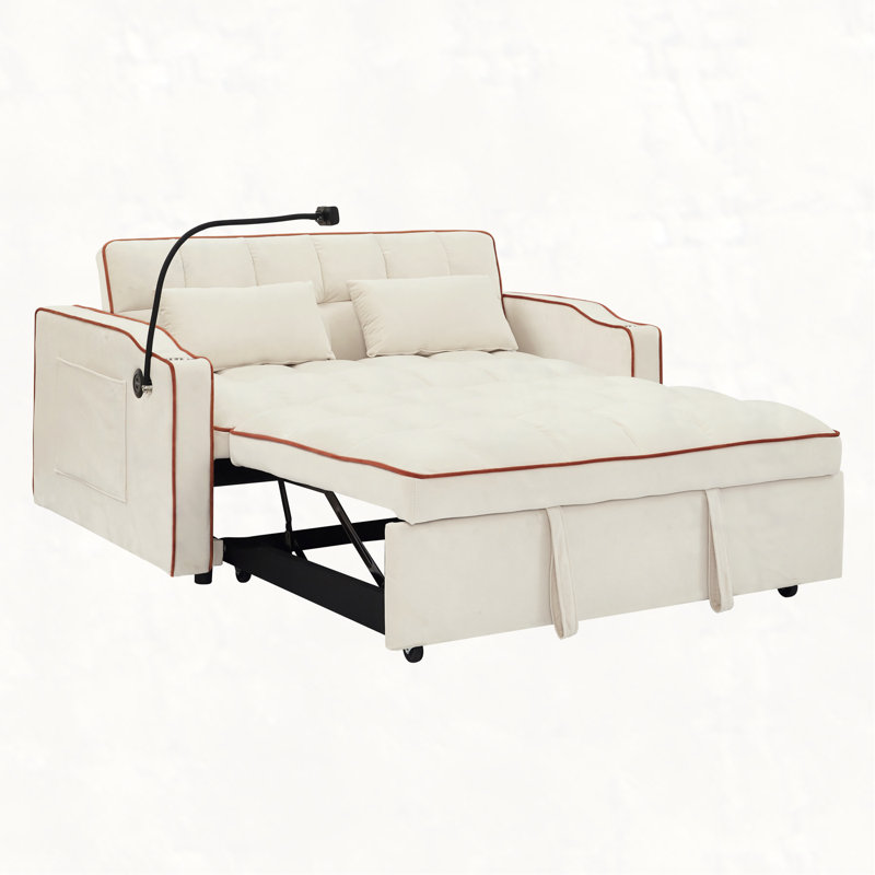55.51 inch versatile foldable sofa bed in 3 lengths, modern sofa sofa sofa velvet pull-out bed, adjustable back and with USB port and ashtray and swivel phone stand