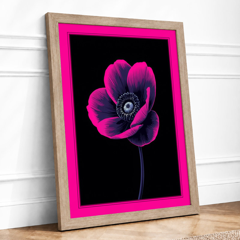 Magenta Anemone Botanical - Framed Print, A2 - 59.4 x 42.0 cm, Oak