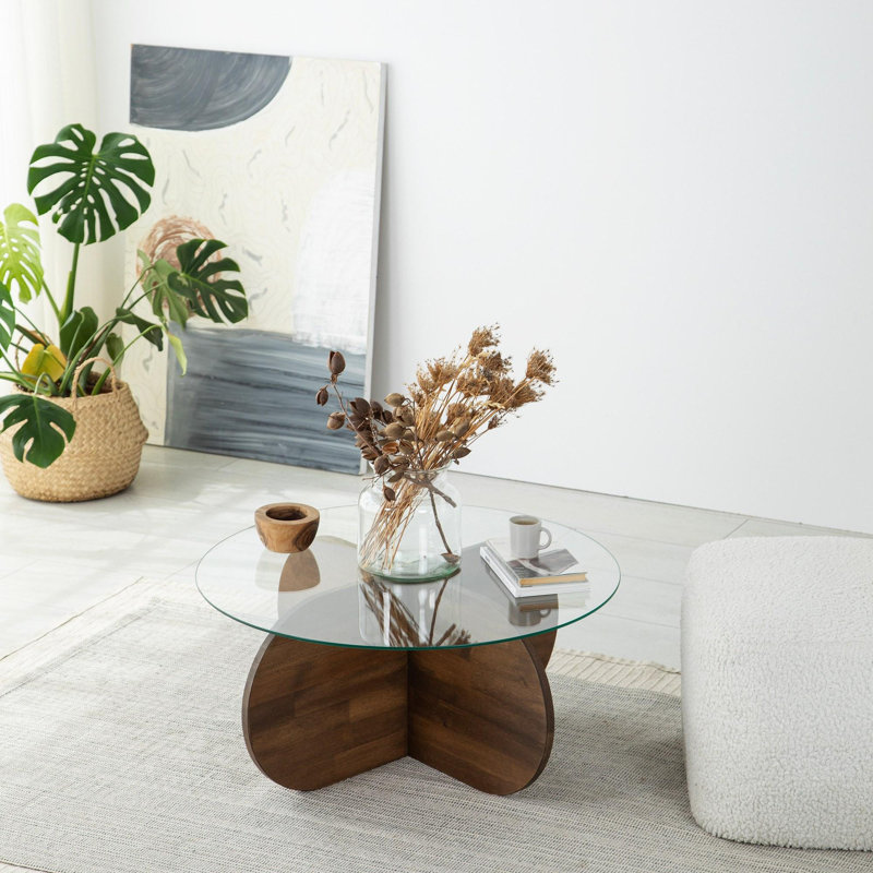 Modern Coffee Table with Tempered Glass Top, Walnut Color, 29.5 x 13.8 x 29.5 inches | 100% Solid Pine Wood Frame | Stylish & Durable Design for Living Room, Contemporary & Elegant Home Décor