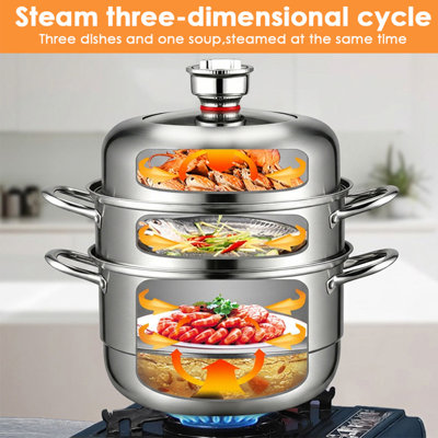 Cuit-vapeur à 3 niveaux en acier inoxydable avec couvercle et minuterie mécanique, ensemble de cuisson vapeur de 28 cm (11 pouces) avec 2 paniers vapeur pour raviolis et fruits de mer