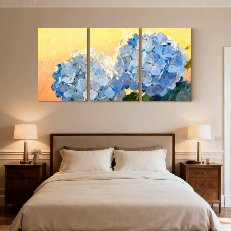 Fleurs d'hortensia sur fond, ensemble de 3 impressions sur toile, H 18 po x l 36 po
