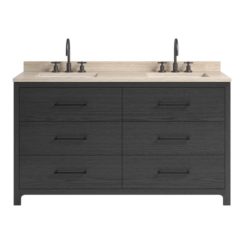 TileBar Studio Vanities Edison Vanity with Romano Travertine Top, Ebony Oak, 60" W