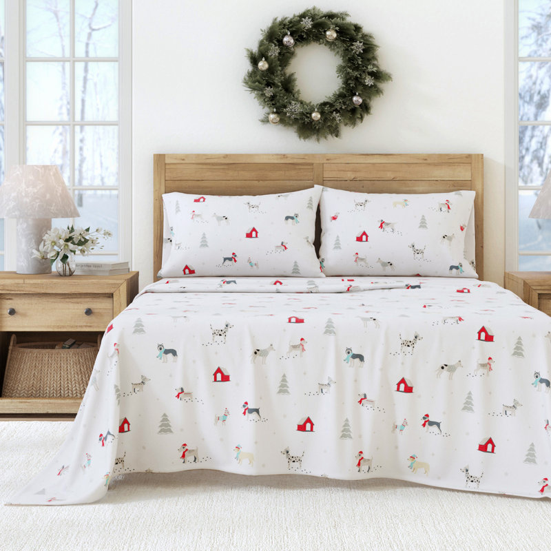 100% Turkish Cotton Flannel Christmas Sheet Sets, Pups in the Snow, Full with 2 Pillowcases