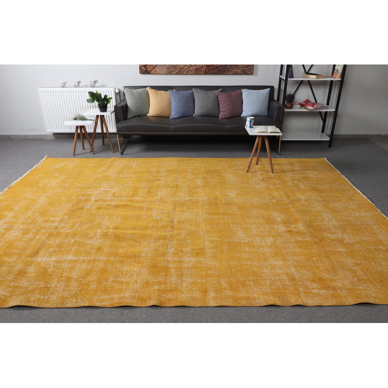 Tapis turc Anatolian surdimensionné de couleur jaune rétro pour une élégante salle à manger