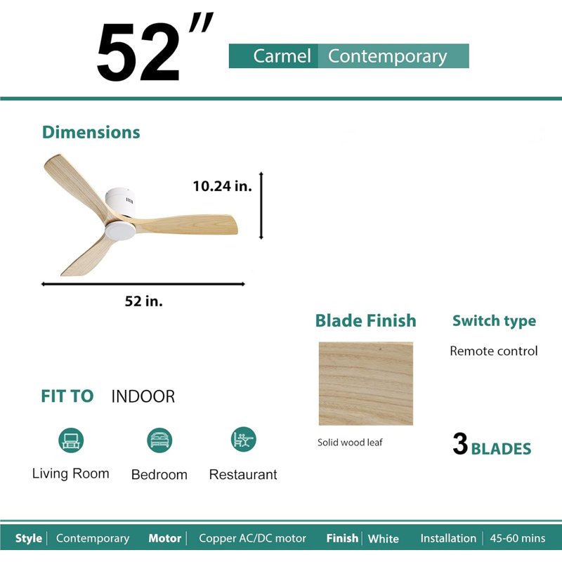 Ventilateur de plafond encastré de 52 pouces sans lumière, 3 pales en bois massif, moteur à courant continu réversible silencieux, télécommande intelligente pour le salon