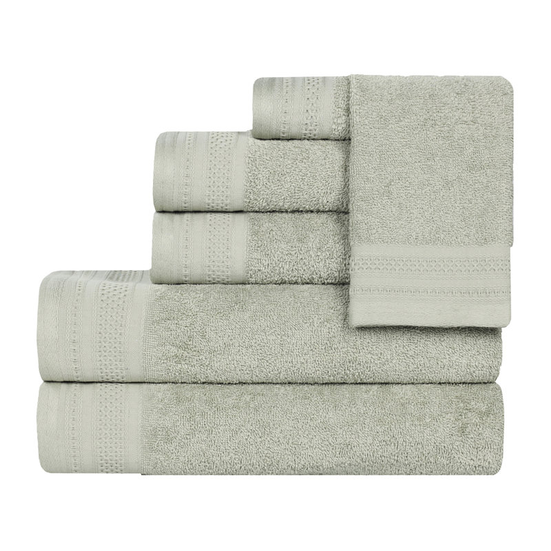 Honeycomb Textured Waffle Border Cotton Medium Weight 6 Piece Towel Set, Sage