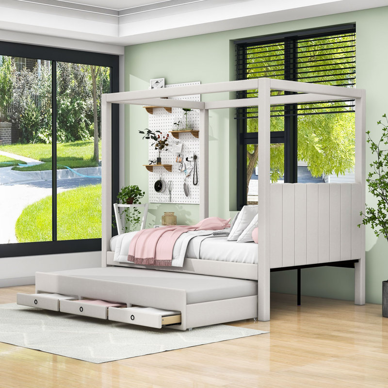 Raqib Canopy Platform Bed with Twin Trundle and 3 Storage Drawers, Beige, Full / Double