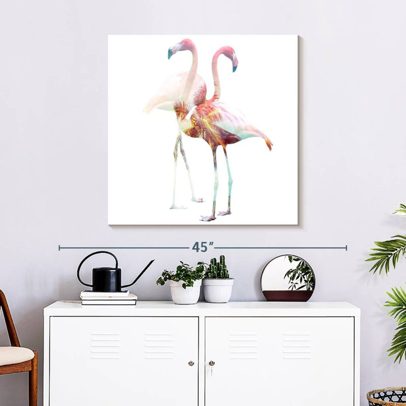 Couple tropical flamant rose, H 30 po x l 30 po