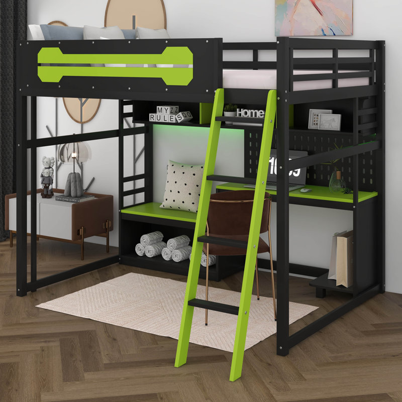 Lit mezzanine double avec bureau, tablettes de rangement et lumières DEL, lit mezzanine en bois avec ports USB et panneau perforé