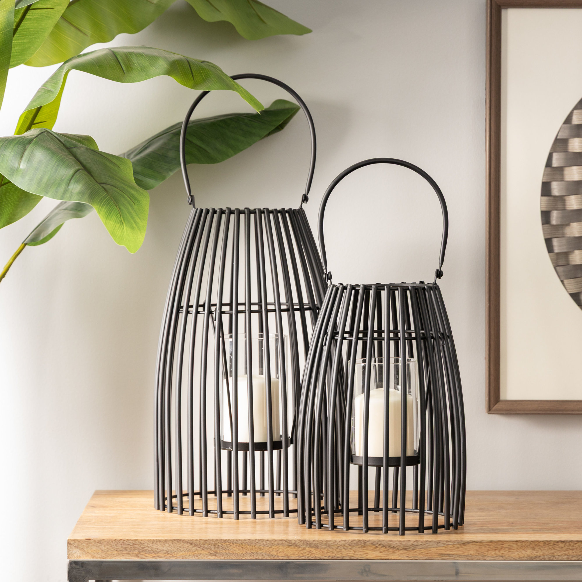Metal Decorative Indoor Outdoor Candle Lantern with Handle, Black, 12" H x 8" W x 8" D