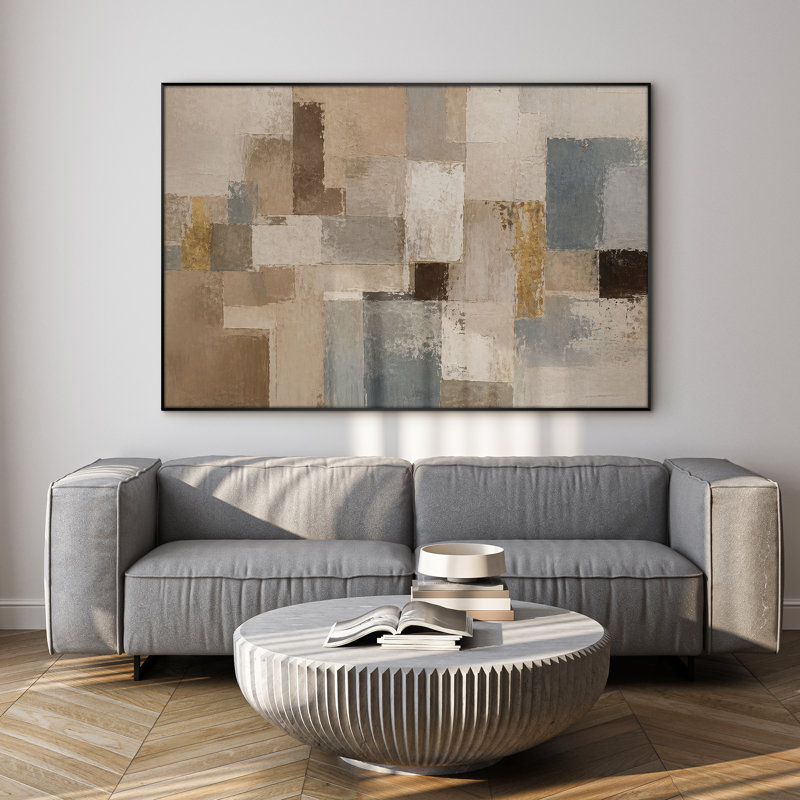 Très grand art mural imprimé sur tissu - Blocs géométriques abstraits bleus bruns - Décoration de bureau moderne - "Assemblage requis (cadre non fini)"